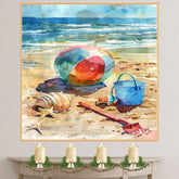 Watercolor Beach Scene with Colorful Ball, Seashells, Starfish, Blue Bucket, and Shovel on Sandy Shore by the Ocean on Ready to Hang 1.5" Thick Canvas Wrap, Floating Framed Canvas, Flat Rolled Canvas